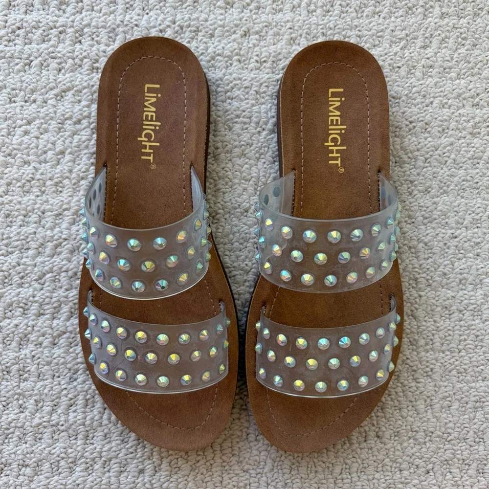 Limelight Studded Clear Strap Sandals Resortwear Vacation Rhinestone